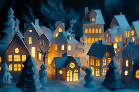 A winter village entirely crafted from folded paper, with glowing windows and miniature paper cut snowmen.の素材