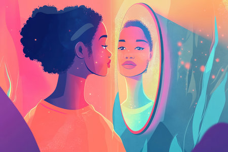 A colorful illustration of a person looking at their reflection in a mirror, with glowing positive affirmations surrounding them, promoting self love and confidence.の素材