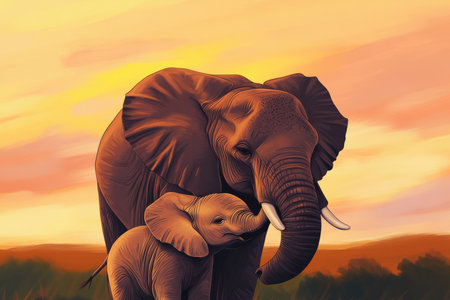 A heartwarming illustration of a mother elephant gently wrapping her trunk around her baby, standing under a twilight sky. The gentle shading and warm colors evoke feelings of love and protection.の素材