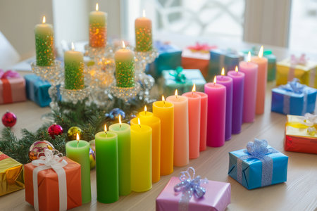 A beautifully decorated Christmas table, with rainbow colored candles, a sparkling centerpiece, and wrapped presents in festive colors.の素材