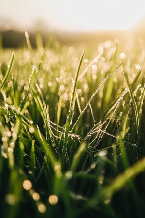 A close up of dew covered spiderwebs woven between blades of grass at sunrise. Tiny water droplets glisten like pearls, reflecting the golden morning light, adding an ethereal touch to the natural beauty of the scene.の素材