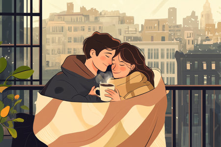 A cozy and intimate illustration of a couple sharing morning coffee on a balcony overlooking the city, wrapped in a warm blanket, symbolizing quiet moments of love and togetherness.の素材