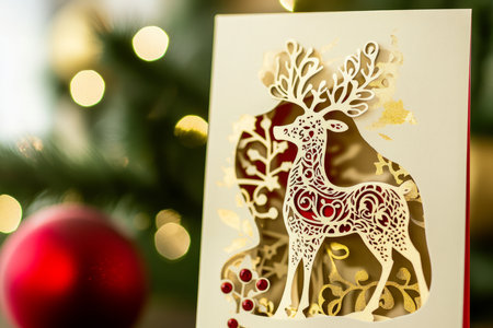 A Christmas card with a laser cut paper reindeer and intricate holiday filigree design.の素材