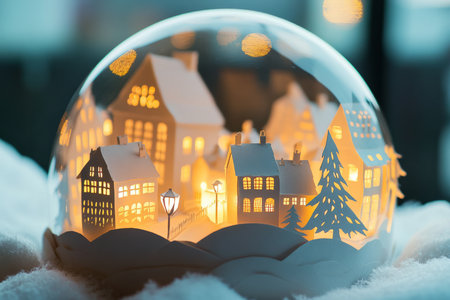 A layered paper snow globe featuring a tiny, hand crafted Christmas town with glowing paper cut lanterns.の素材