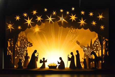 A delicately crafted paper nativity scene with multi layered figures, textured paper stars above, and warm light shining through cutout silhouettes.の素材
