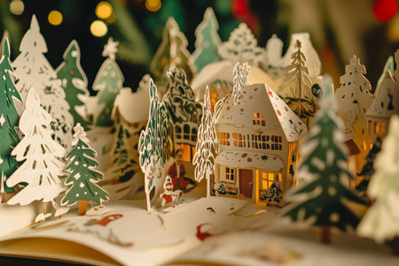 A holiday themed paper pop up book, with intricate cut out Christmas scenes unfolding on each page.の素材