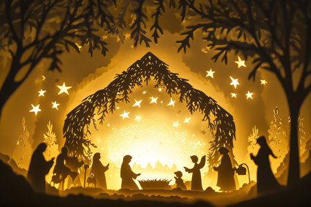 A tiny paper cut nativity scene, with finely detailed characters, soft glowing stars, and delicate angel silhouettes.の素材