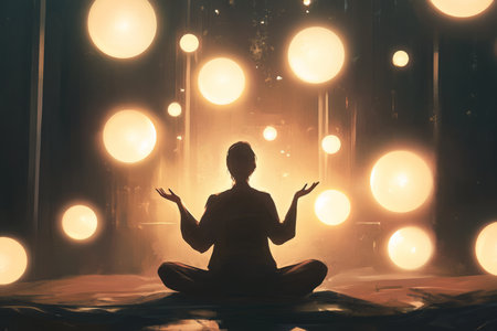 A serene digital painting of a person sitting with open hands, surrounded by glowing orbs of light, each symbolizing an aspect of emotional intelligence such as empathy and understanding.の素材