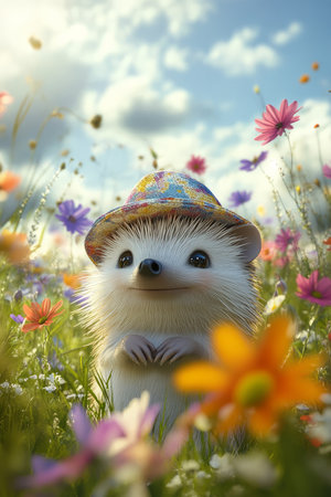 A whimsical digital painting of a happy hedgehog wearing a tiny hat, standing in a field of flowers, its tiny eyes full of curiosity and joy.の素材