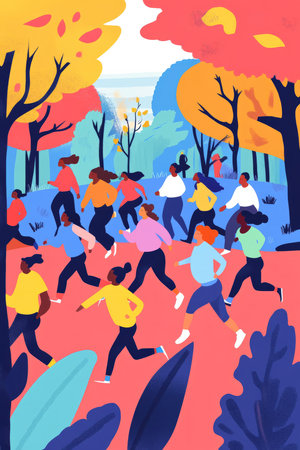 A diverse group of people jogging in a park, with bright and energetic colors capturing the spirit of a healthy lifestyle.の素材