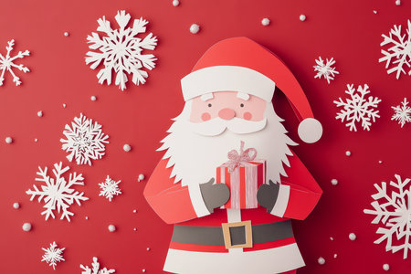A paper Santa Claus, holding a tiny paper present, with delicate snowflake cutouts falling around him.の素材