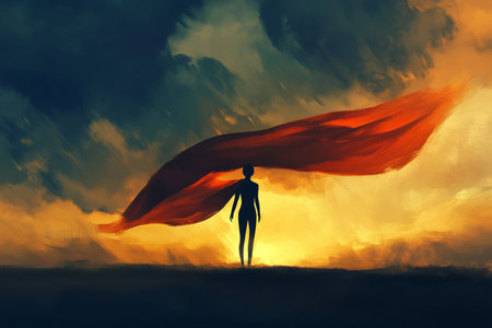 A powerful digital painting of a person standing tall with a cape flowing in the wind, representing the inner strength and resilience one develops in the face of challenges.の素材