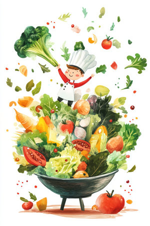 A whimsical illustration of a tiny chef preparing a giant salad, symbolizing the magic of fresh, healthy ingredients.の素材