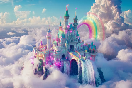 A magical and colorful fairy tale castle floating in the clouds, with rainbow bridges and sparkling waterfalls cascading down.の素材