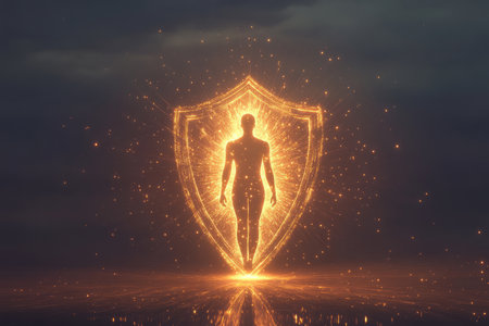 A symbolic illustration of a person surrounded by a glowing shield of light, signifying healthy personal boundaries and the importance of self care and protection.の素材