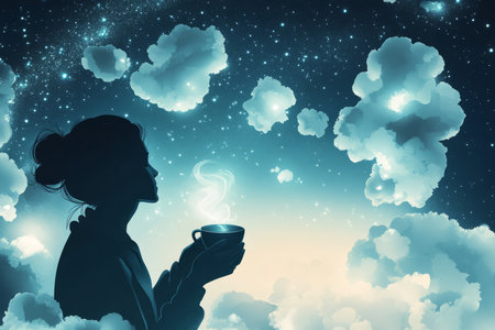 A thoughtful illustration of a person gazing at a starry sky while holding a cup of tea, with soft glowing clouds floating around them, symbolizing reflection, peace, and mental balance.の素材