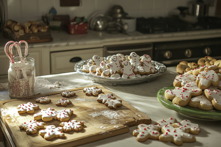 A charming holiday cookie baking scene, with gingerbread men, sugar cookies, and warm cinnamon rolls cooling on the counter.の素材