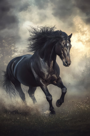A powerful black stallion galloping through a misty field at dawn, its mane and tail flowing wildly in the wind. The dynamic energy of the movement, combined with the dramatic lighting, enhances the sense of strength and freedom.の素材