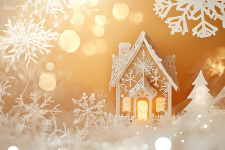 A warm and inviting holiday scene with a gingerbread house surrounded by paper snowflakes and twinkling lights.の素材