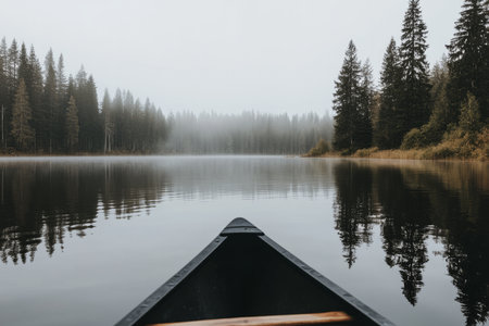 A foggy morning lake surrounded by tall pine trees, with gentle ripples on the water and the silhouette of a canoe in the distance.の素材
