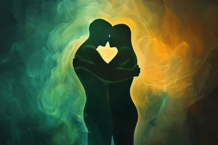 A touching and expressive illustration of a person giving a warm hug to a friend, their silhouettes glowing softly, symbolizing the deep emotional comfort found in human connection.の素材