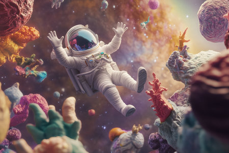 A whimsical and playful scene of a tiny astronaut floating in space, waving at friendly alien creatures on a distant planet.の素材