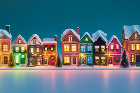 A bright, rainbow colored holiday village scene with glowing windows, festive wreaths, and colorful lights illuminating every house.の素材