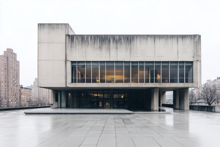 A minimalist brutalist museum, with towering concrete columns, an empty marble courtyard, and large glass letting panels in soft daylight.の素材