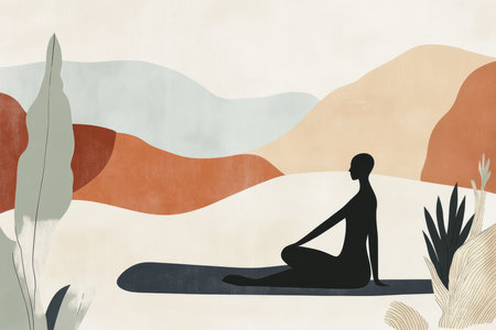 A minimalist illustration of a person stretching on a yoga mat, surrounded by soft, calming colors, representing the importance of incorporating movement into everyday life.の素材