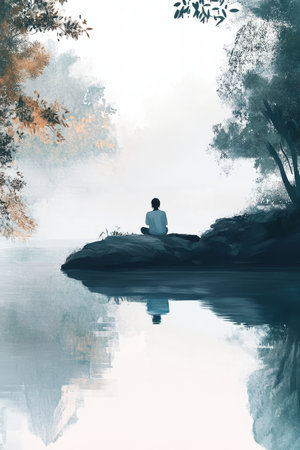 A peaceful and meditative digital painting of a person sitting by a quiet lake, their reflection mirroring the calmness of the water, symbolizing mindfulness and inner peace.の素材