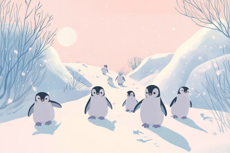 A delightful cartoon style illustration of a group of fluffy baby penguins waddling across an icy landscape, their tiny feet leaving soft imprints in the snow. The pastel color palette adds an extra layer of warmth and charm.の素材