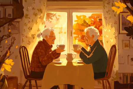A cozy and nostalgic illustration of two elderly friends drinking tea together, their laughter echoing in the warm glow of the room, symbolizing lifelong companionship.の素材