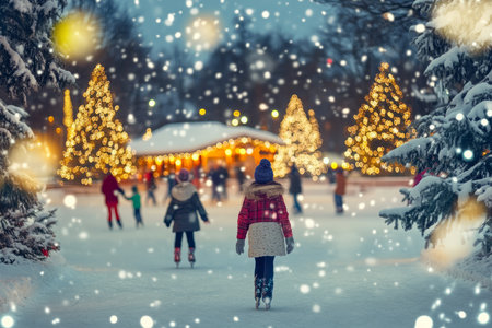 A snowy outdoor ice rink with joyful families skating under twinkling holiday lights, surrounded by decorated pine trees.の素材