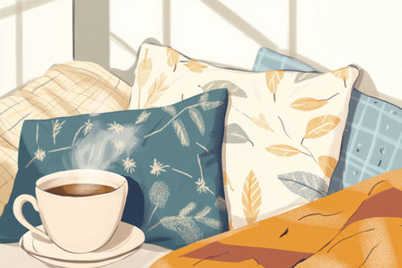 An illustration of a cozy corner filled with soft pillows, a steaming cup of tea, and a warm blanket, encouraging moments of rest and self compassion.の素材