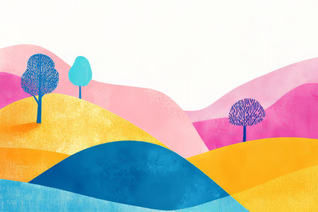 A minimalist risograph landscape, where rolling hills and simple geometric trees blend into an abstract world of bright, layered colors.の素材
