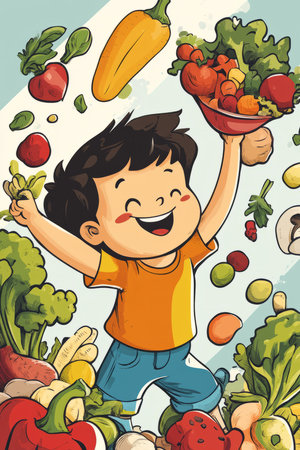 A friendly illustrated character explaining healthy eating habits to kids, using a colorful and engaging comic book style.の素材