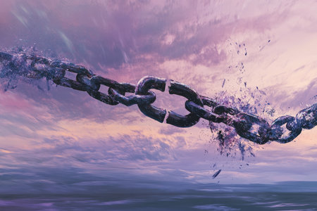 A serene and symbolic digital painting of a broken chain dissolving in the wind, representing the act of letting go and releasing past emotional burdens.の素材