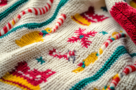 A cozy knitted holiday sweater with vibrant rainbow snowflakes, candy canes, and reindeer patterns.の素材