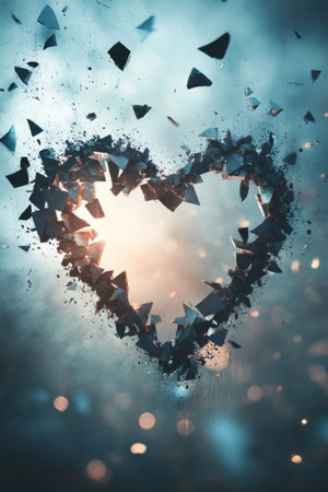 An abstract illustration of broken pieces coming together to form a heart, surrounded by soft light, representing the healing and renewal of emotions after loss.の素材