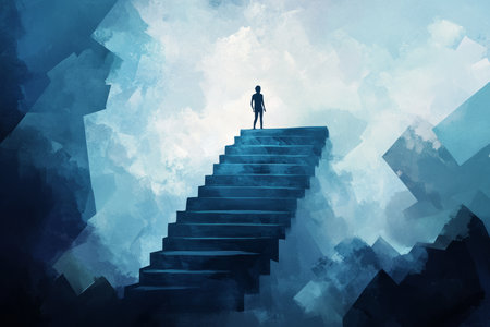 A poetic and empowering illustration of a person standing at the top of a staircase made of sweat and effort, symbolizing progress, growth, and fitness achievements.の素材