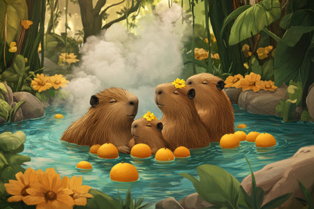 A whimsical cartoon style painting of a family of capybaras lounging in a warm jungle hot spring, surrounded by floating citrus fruits and steam.の素材