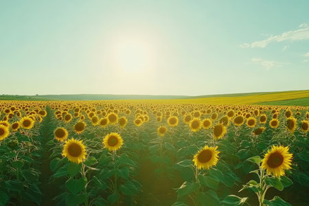 A vast sunflower field stretching into the horizon, each golden bloom facing the warm sunlight. The bright yellows and deep greens create a cheerful, lively summer atmosphere.の素材