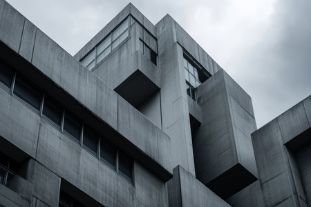 A dystopian brutalist government building, with cold, gray monolithic structures looming under an overcast sky.の素材