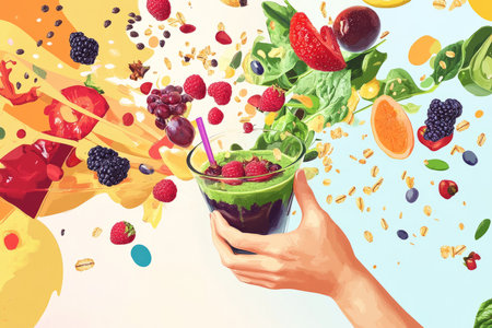 An artistic illustration of a person enjoying a colorful fruit smoothie surrounded by a burst of fresh ingredients like berries, spinach, and seeds, promoting the benefits of healthy eating in a vibrant, energetic way.の素材