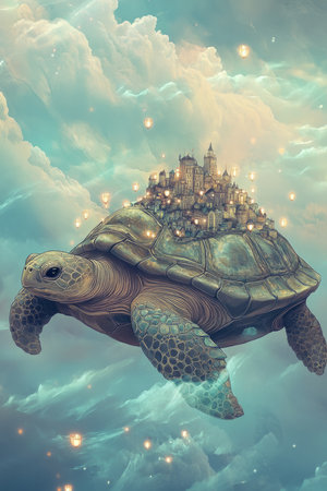 A surreal and whimsical artwork depicting a floating city resting on the back of a giant turtle, drifting through a soft pastel sky filled with fluffy clouds and tiny glowing lanterns.の素材