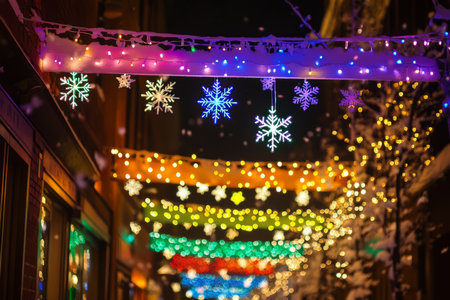 A festive street decorated with rainbow colored holiday lights, and paper snowflakes gently falling around the scene.の素材