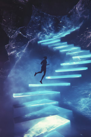 A surreal and artistic depiction of a person running up an infinite staircase, each step glowing with progress, symbolizing endurance, determination, and reaching new heights in physical health.の素材