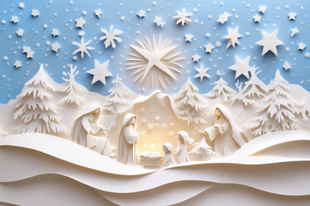 A delicate paper cut nativity scene, where each character is formed from textured paper, with stars and gentle snowflakes surrounding them.の素材