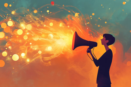 A symbolic and heartfelt illustration of a person holding a glowing megaphone, their words radiating warmth and kindness, symbolizing the importance of thoughtful communication.の素材