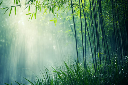 A tranquil bamboo grove, where a gentle mist rolls over the ground, and soft sunlight filters through tall green stalks.の素材